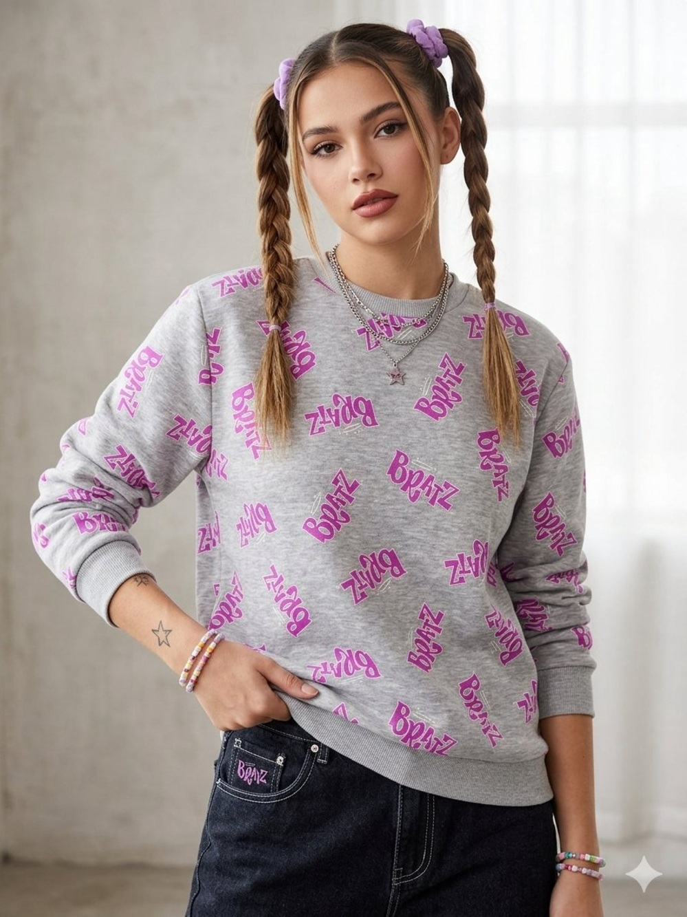 BRATZ Repeat Logo Grey Crewneck Sweatshirt